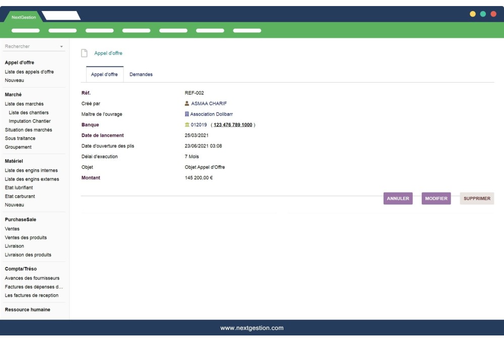 Module de Gestion BTP, Appel Offre et Marchés