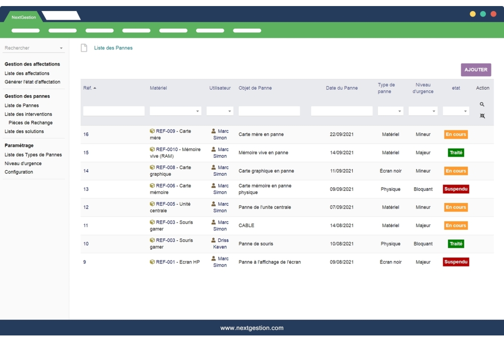 Management of breakdowns and maintenances