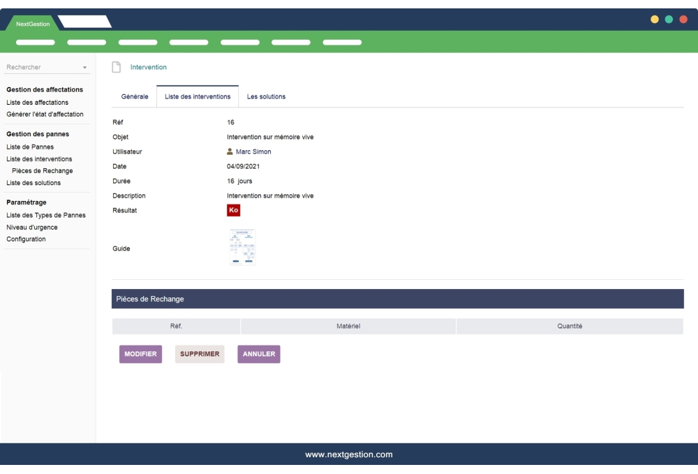 Management of breakdowns and maintenances