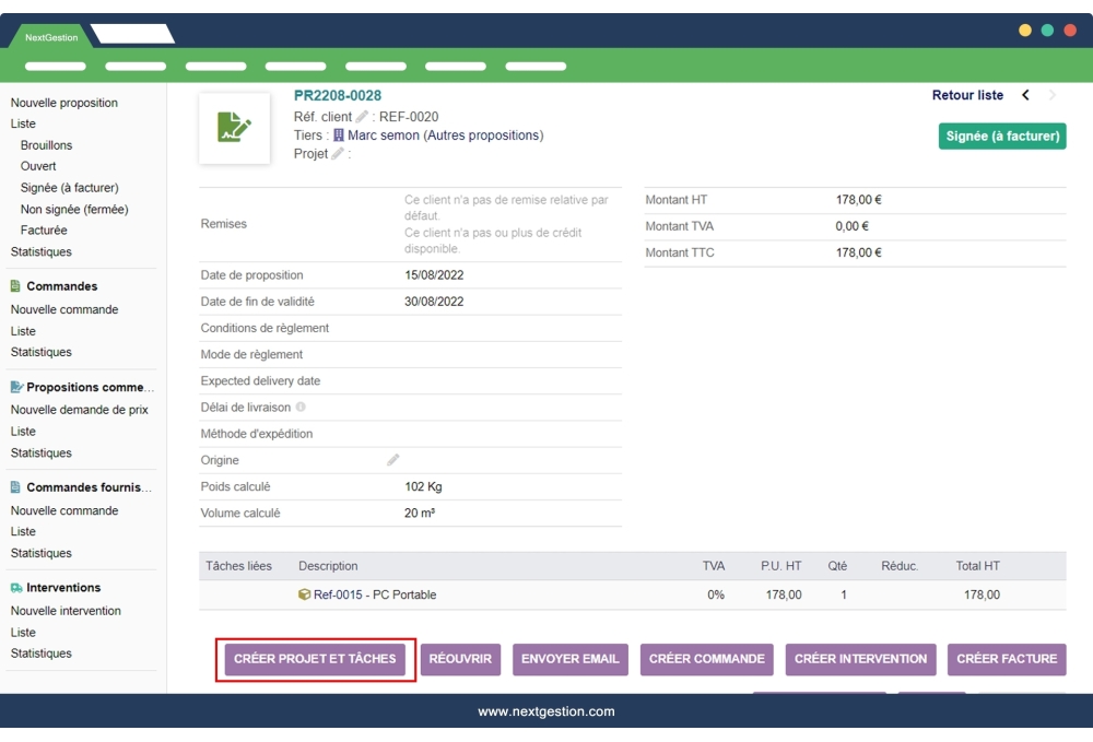 Crear proyecto Dolibarr desde Propal and Order