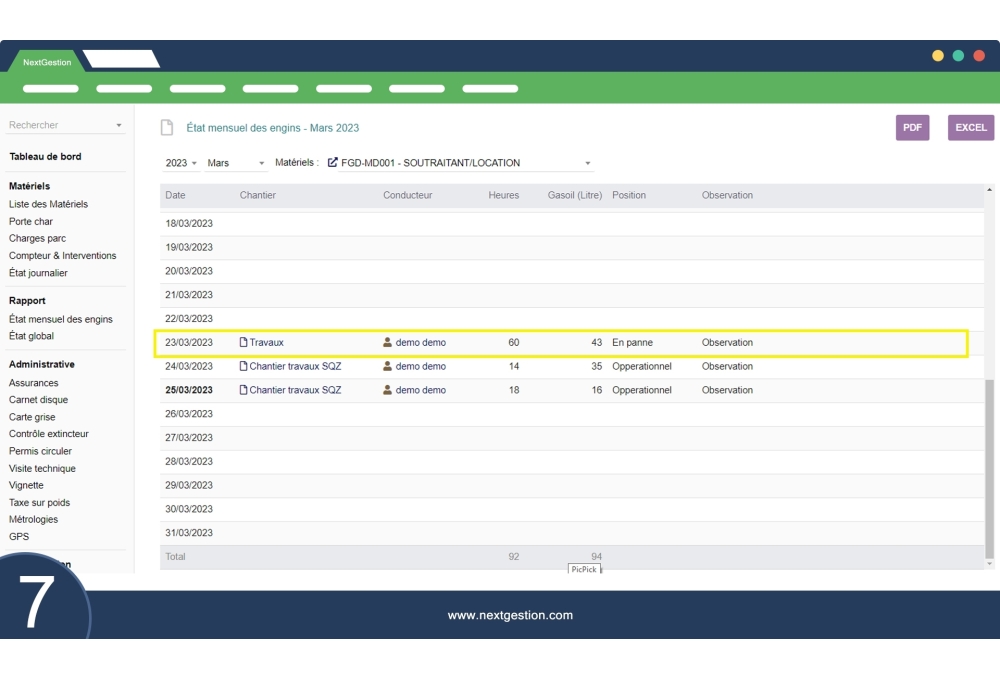 Parc Matériel Avancée: flotte et engins