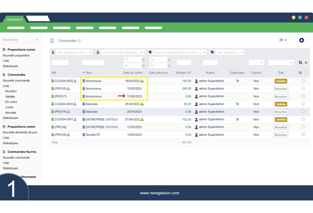Date dernière commande dans liste tiers