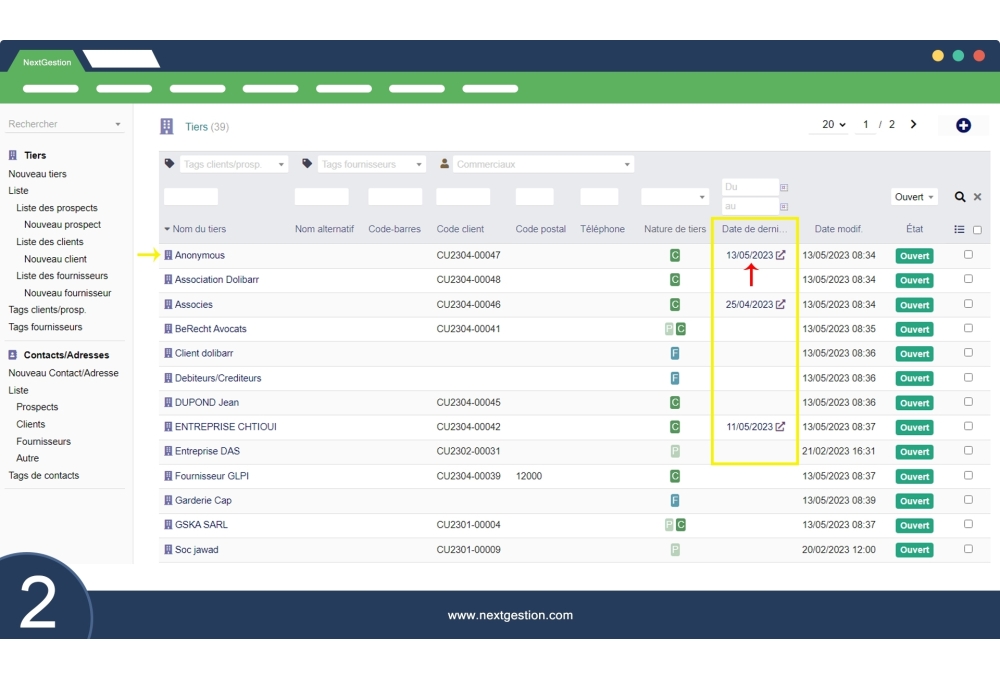 Date dernière commande dans liste tiers