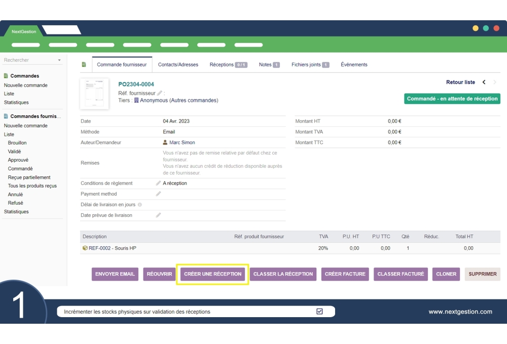 Date de réception en mouvement de stock