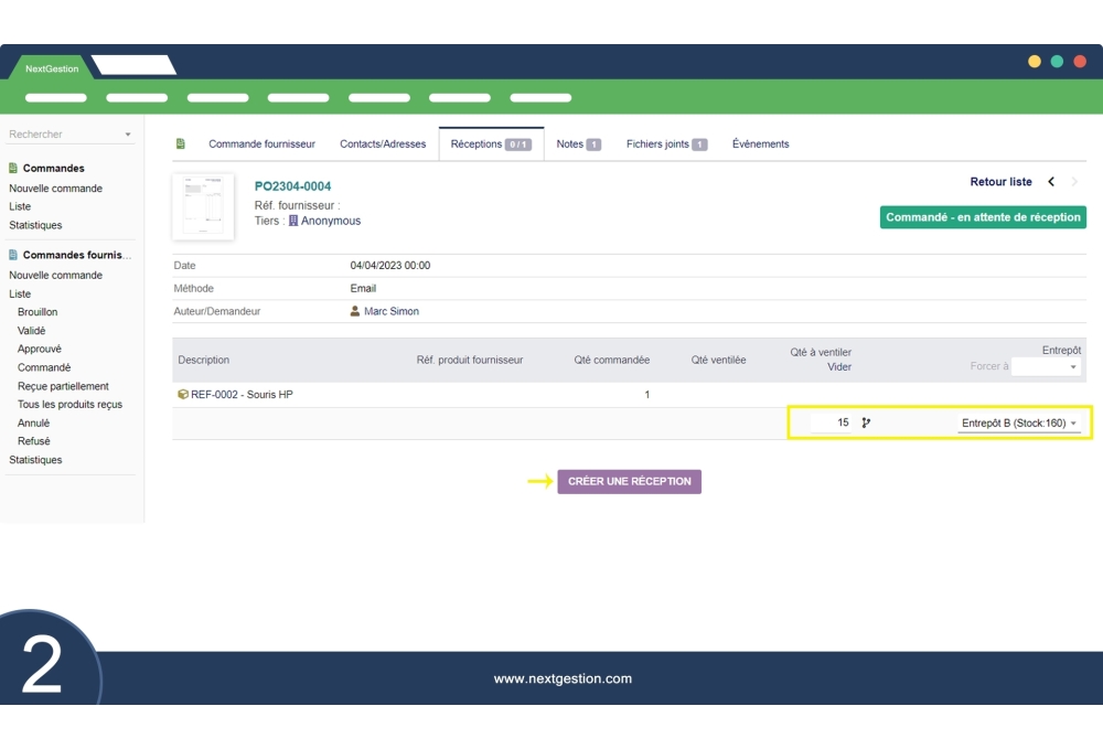 Date de réception en mouvement de stock