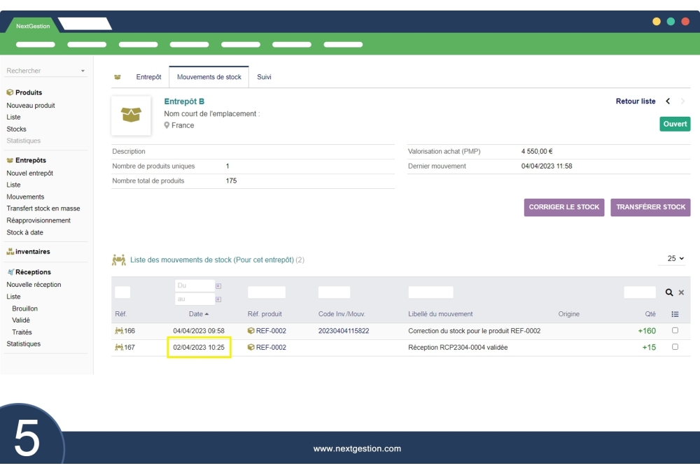 Fecha de recepción en movimiento de stock